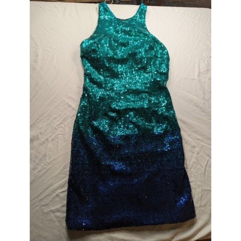 Blush Prom Alexia Designs Size 0 Teal Blue Ombre Sequin Open Back Maxi Gown